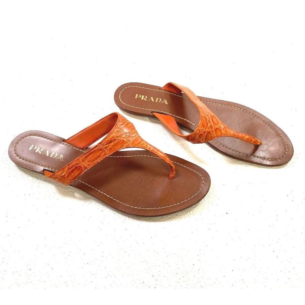 Prada Orange Alligator Pattern Leather Slide Sandals Size 39.5 (US -9)